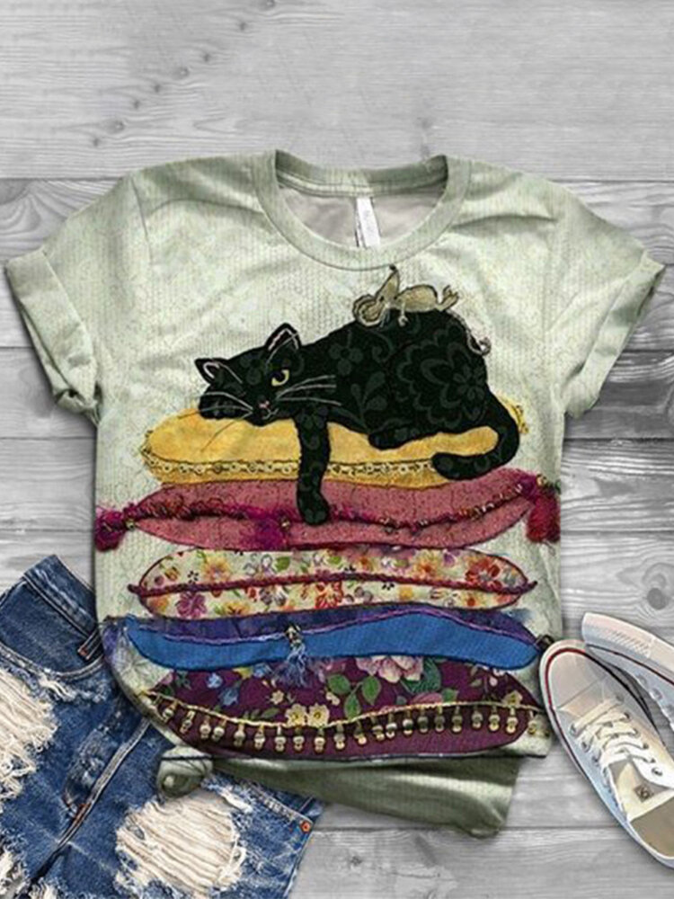 Cat Print O-neck Short Sleeve Plus Size Casual T-shirt for Women