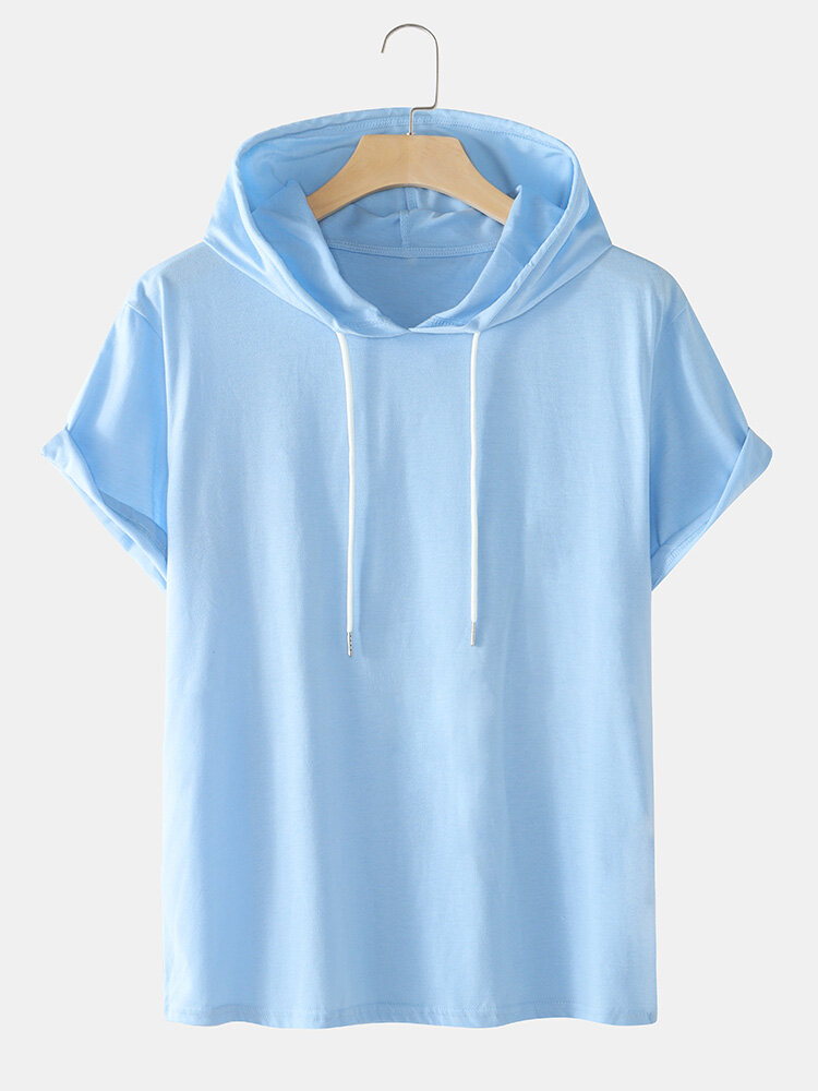Mens Solid Color Basics Short Sleeve Drawstring Hooded T-Shirts