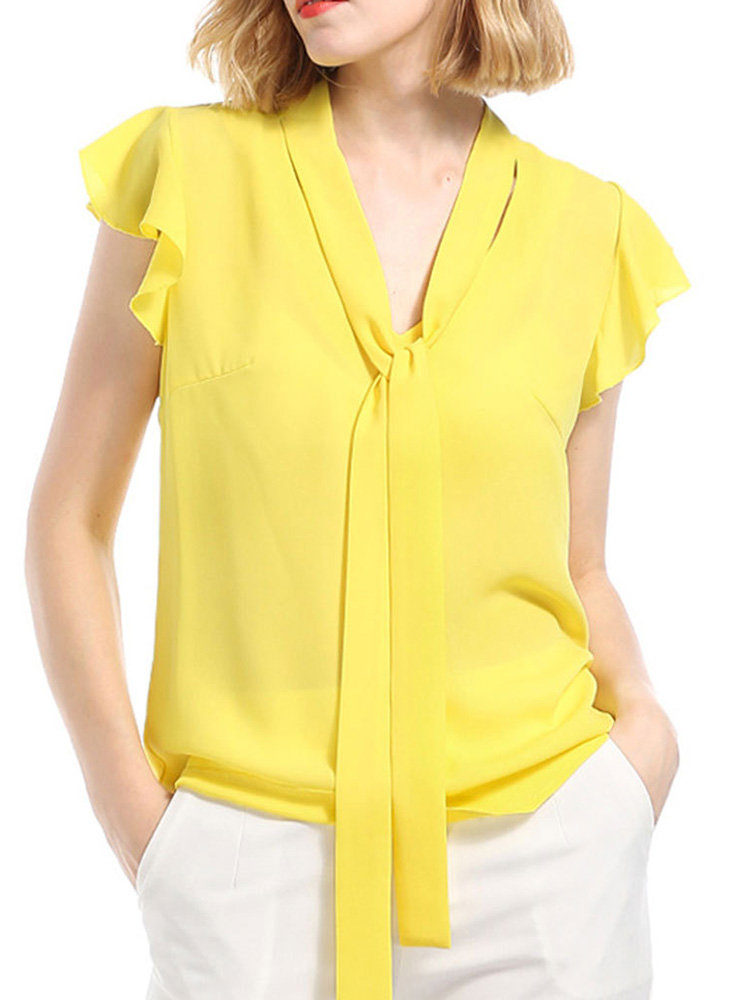 Elegant Pure Color V-neck Yellow Chiffon Shirts