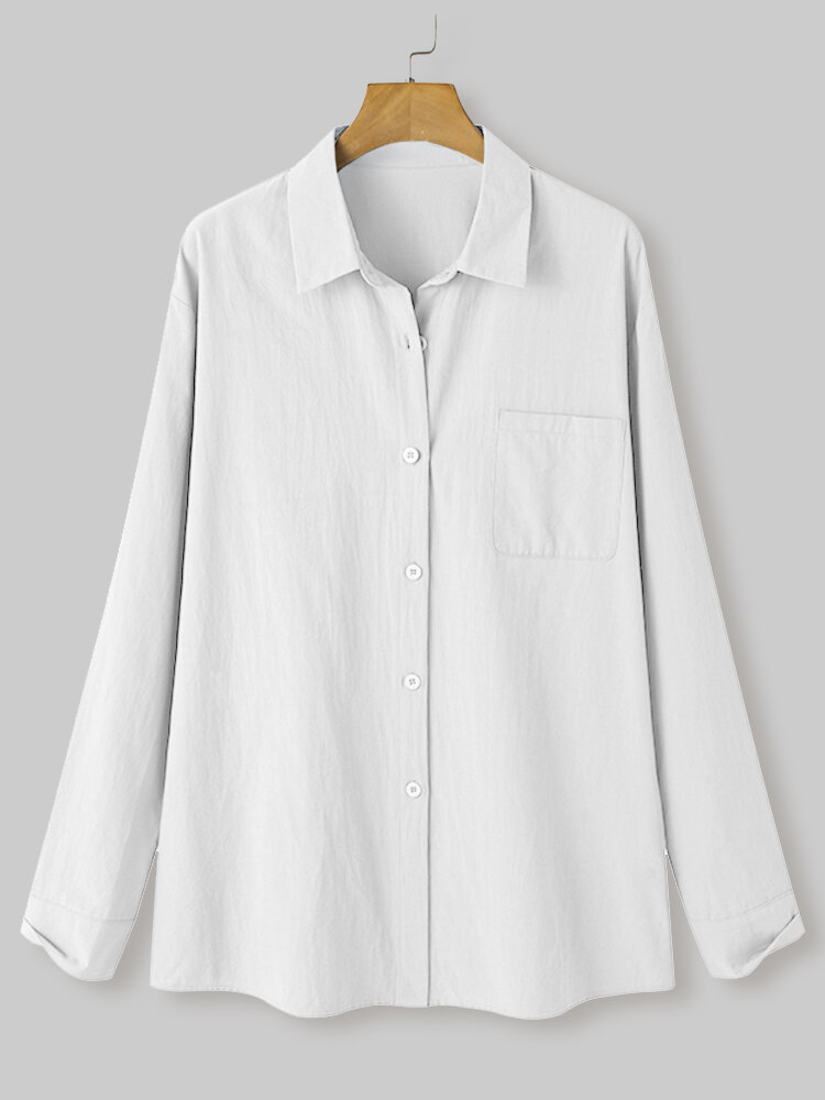 Bolso de botão de cor sólida manga longa casual Camisa para mulheres
