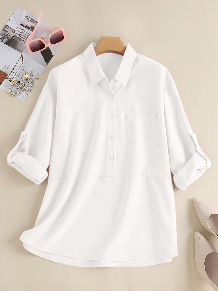 Solid Pocket Button Half Placket Roll Tab Long Sleeve Blouse