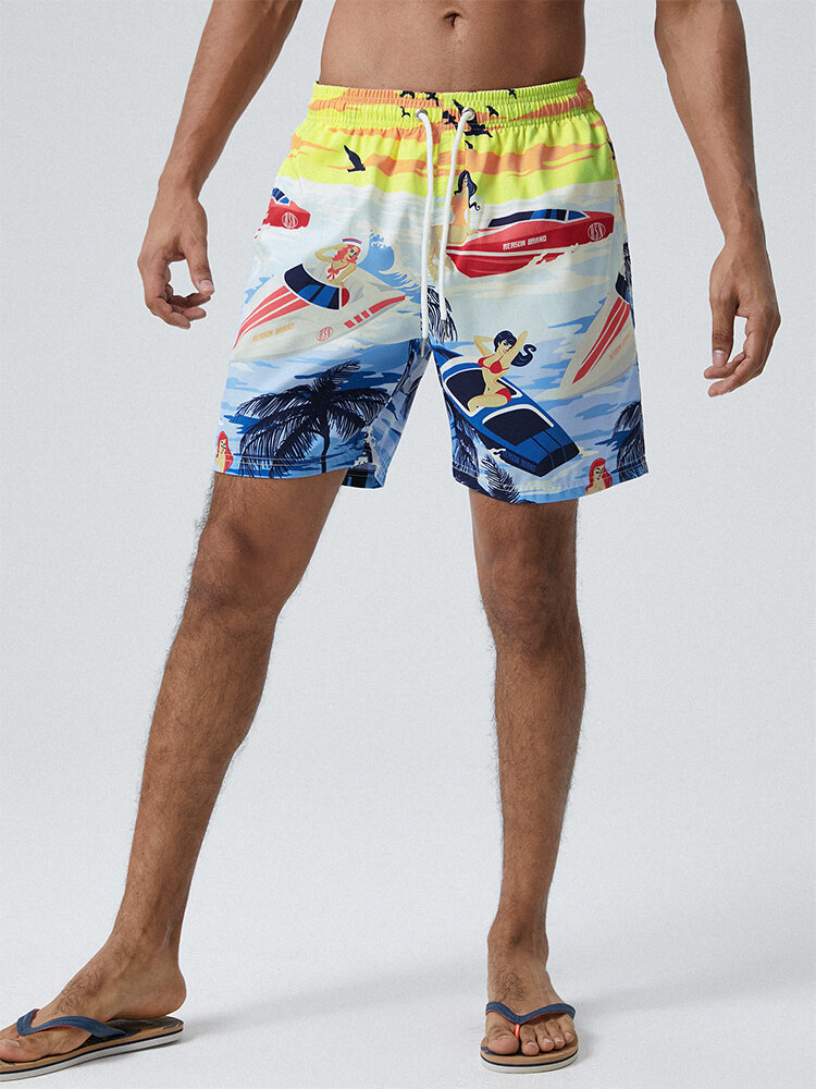 Men Beauty Print Mesh Inside Comfy Breathable Beachwear