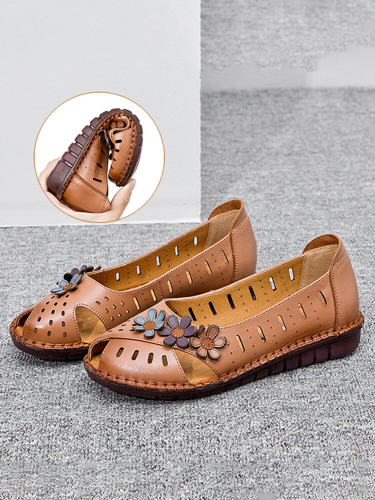 Plus Size Women Genuine Leather Handmade Stitching Shoes Breathable Hollow Soft Comfy Floral Flats