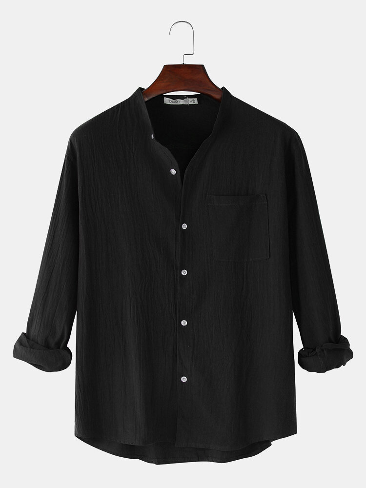 Mens Linen Solid Color Simple Stand Collar Long Sleeve Shirts With Pocket