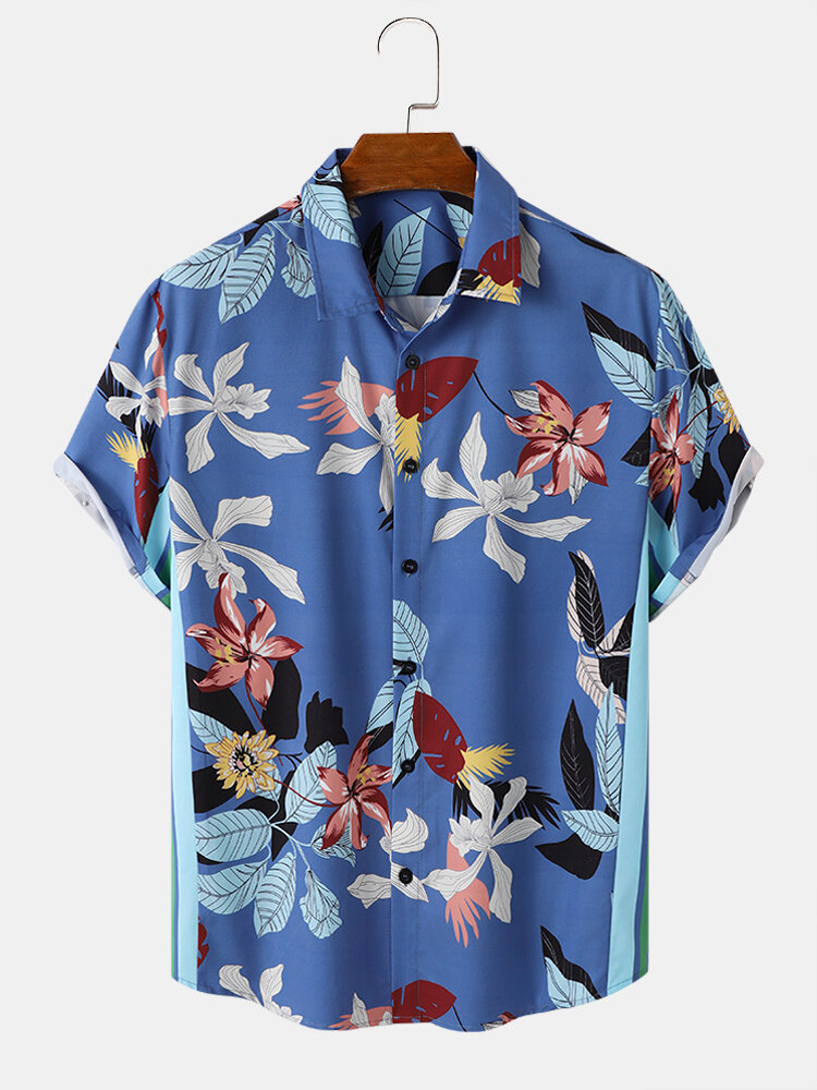Mens Colorful Floral Print Lapel Vacation Short Sleeve Shirts