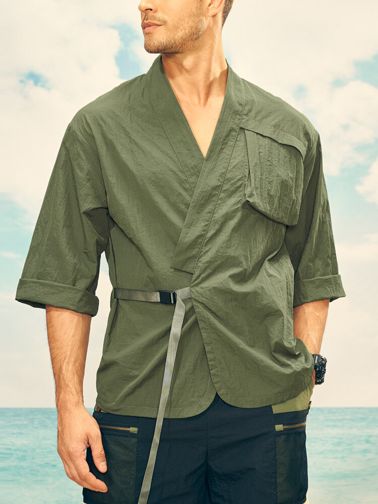 Men Solid Color Kimono Lace Up Pocket Sunproof Leisure Suits