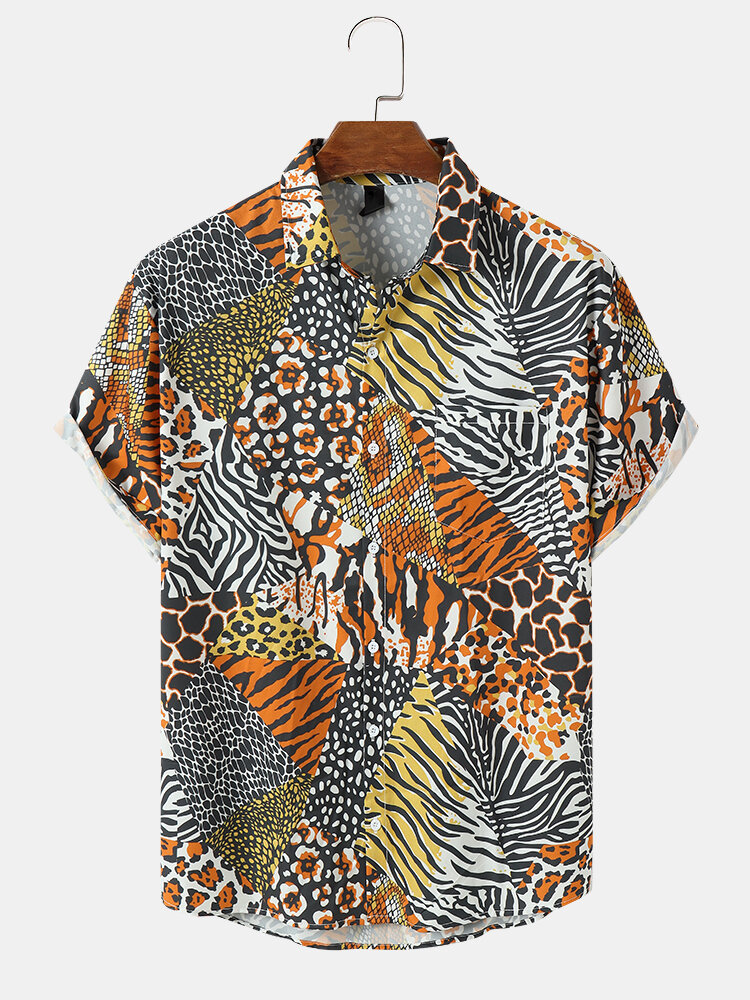 Mens Animal Pattern Button Up Short Sleeve Shirts With Pocket