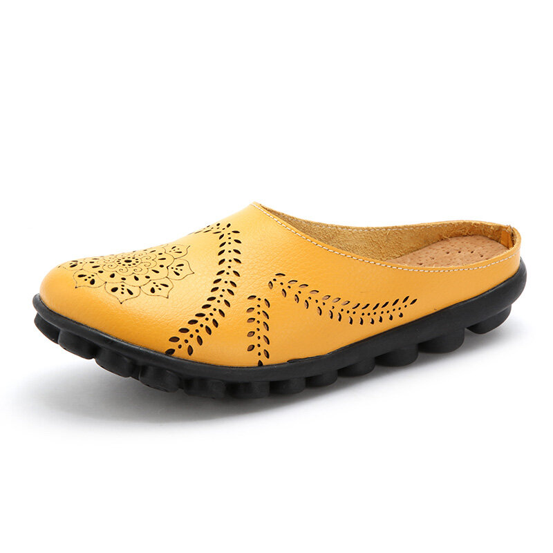 Flower Hollow Out Casual Leather Flat Backless Loafers