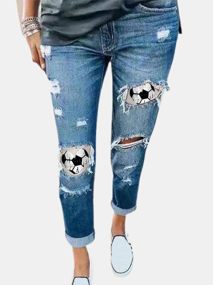 Women Football Print Patchwork Ripped Mid Waist Denim Jeans