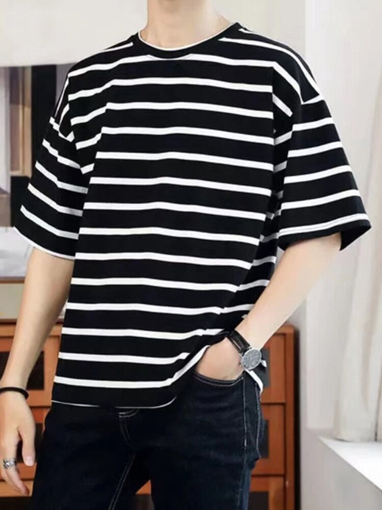 Mens Striped Crew Neck Short Sleeve Casual T Shirt