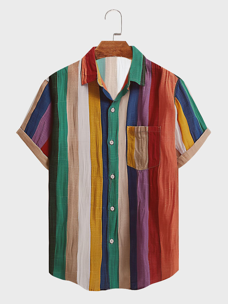 Camisas masculinas listradas multicoloridas com bolso no peito de manga curta