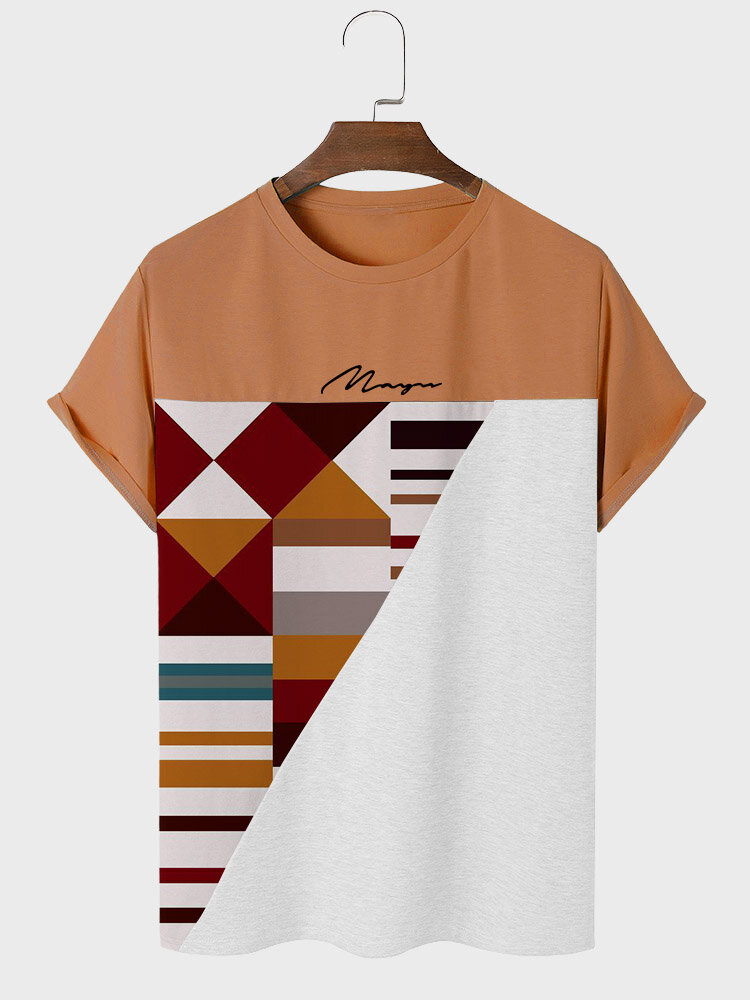 Herren T-Shirts mit Rundhalsausschnitt, geometrischem Patchwork und Schriftzug, kurzärmelig