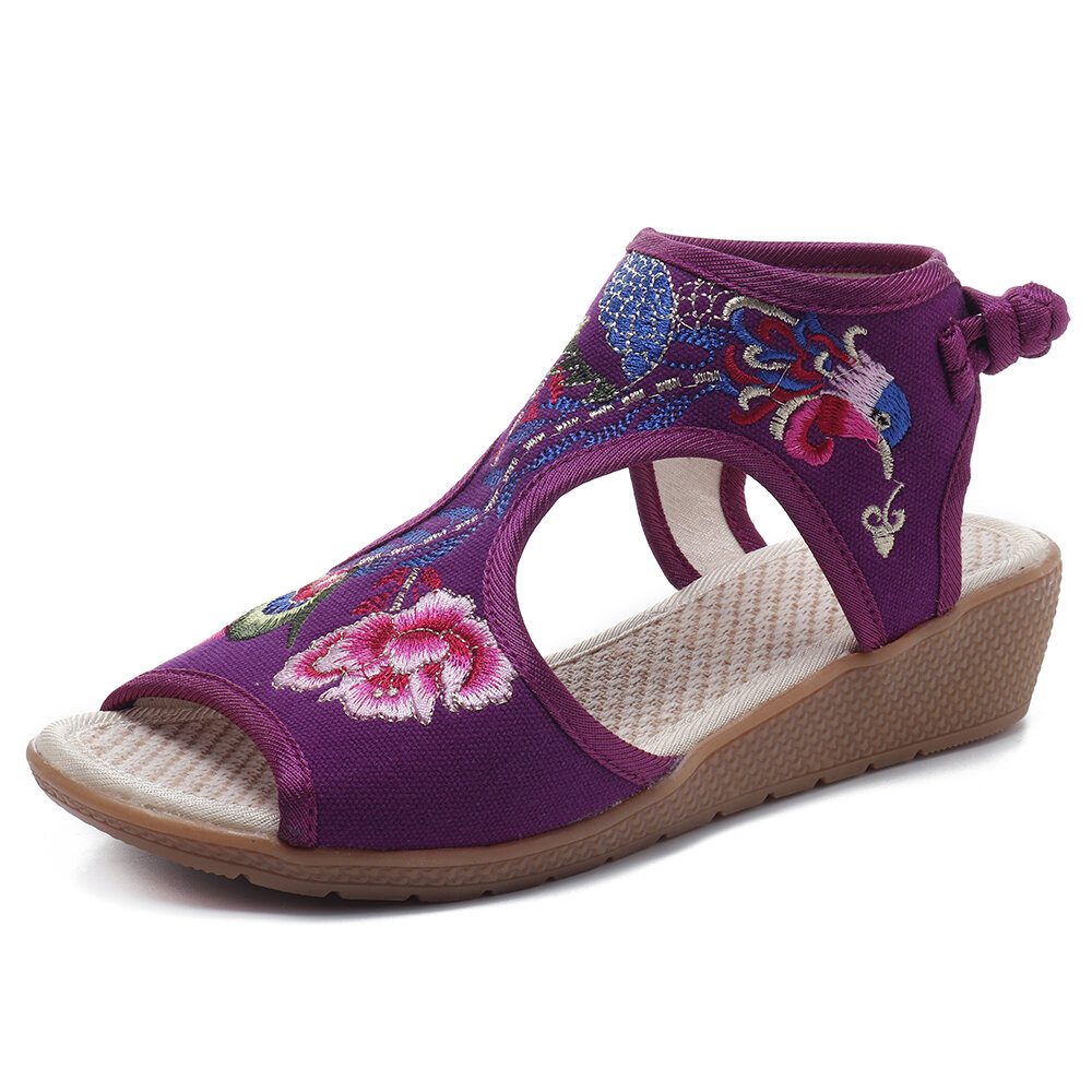Embroidered Peep Toe Wedges Buckle Purple Sandals