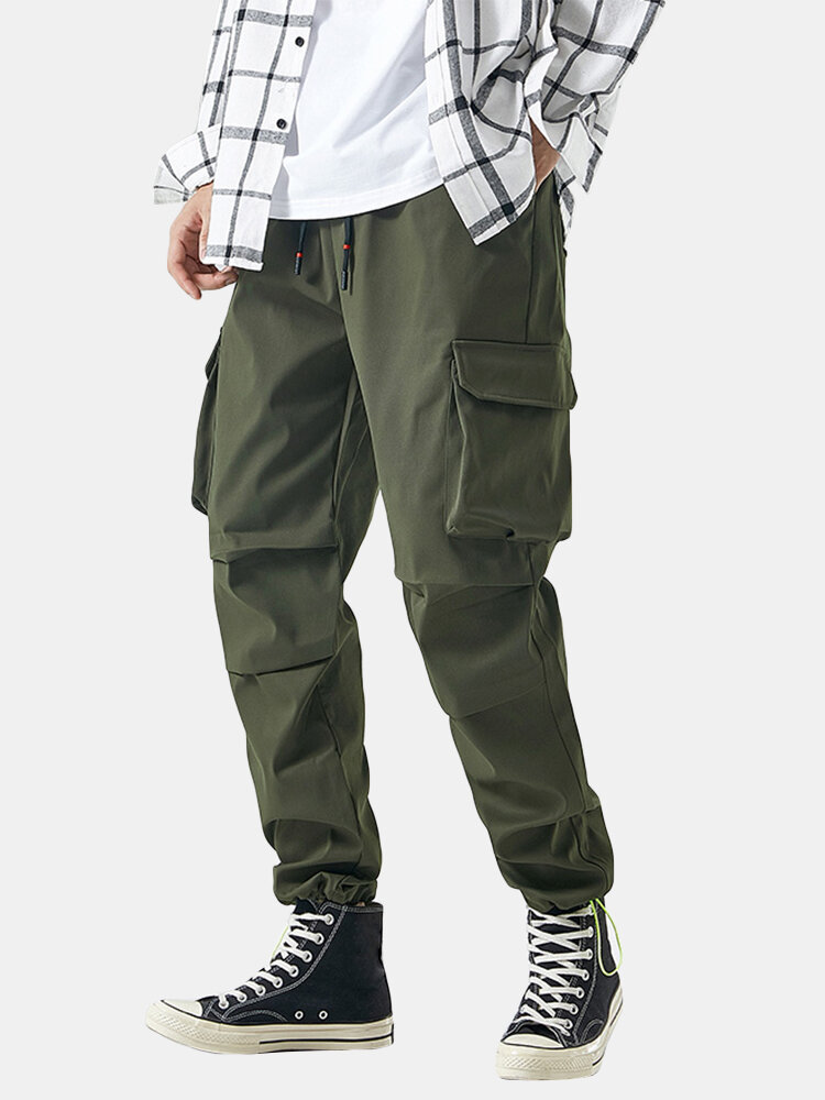 

Mens Solid Applique Cotton Drawstring Cuff Cargo Pants With Multi Pockets, Gray;black;green