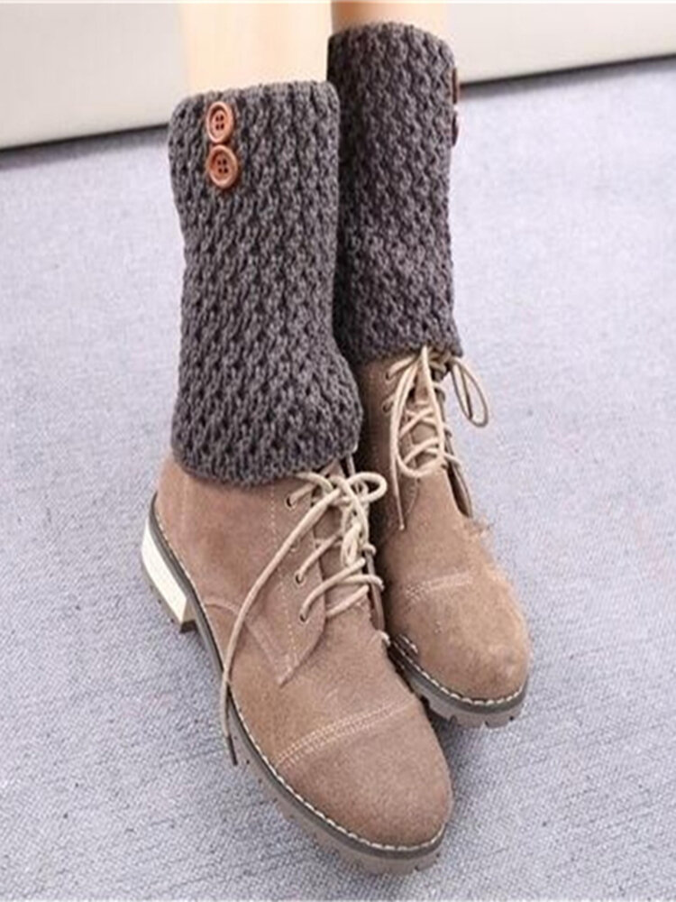 Women Buttons Leg Warmers Short Hollow Boot Cuff Knitting Thick Boot Socks