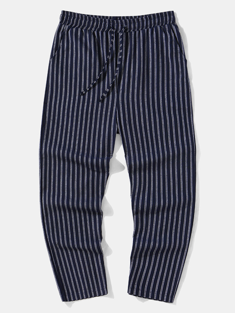 Mens Vertical Striped Daily Drawstring Waist Pants With Pocket