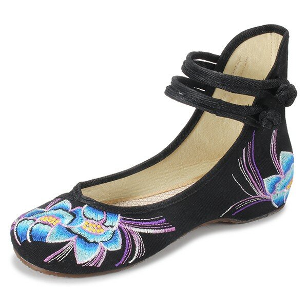 Heel Increasing Flower Flat Slip On Embroidery National Wind Shoes