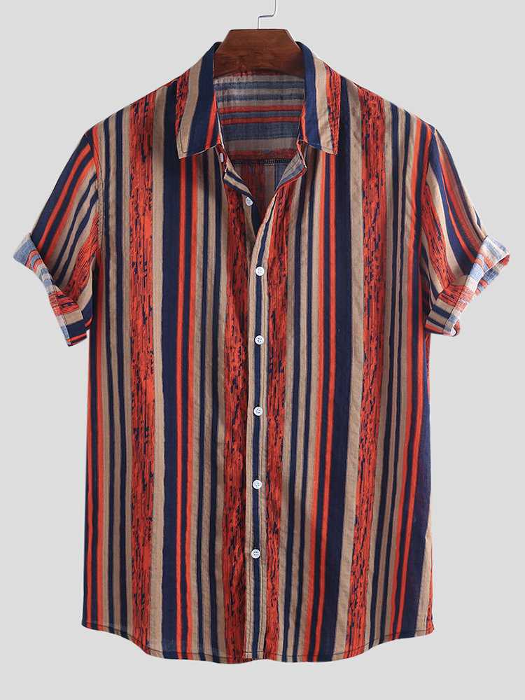 Mens Summer Hit Color Striped Print Turn Down Collar Short Sleeve Loose Casual 