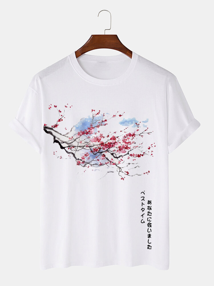 

Mens Japanese Floral Print Crew Neck Short Sleeve T-Shirts Winter, White