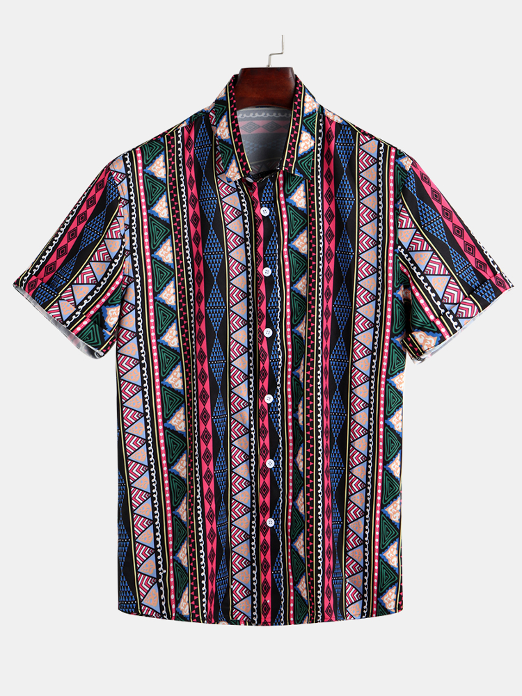 Mens Ethnic Style Stripe Printed Turndown Collar Short Sleeve Loose Casual Shirt