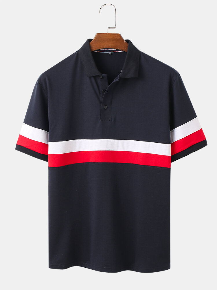 Mens Contrast Stripe Splice 100% Cotton Casual Golf Shirts