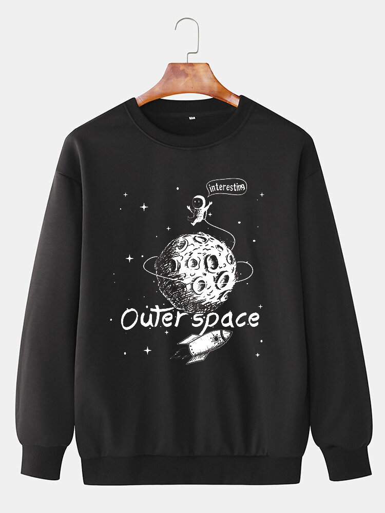 Mens Cartoon Astronaut Planet Print Crew Neck Pullover Sweatshirts
