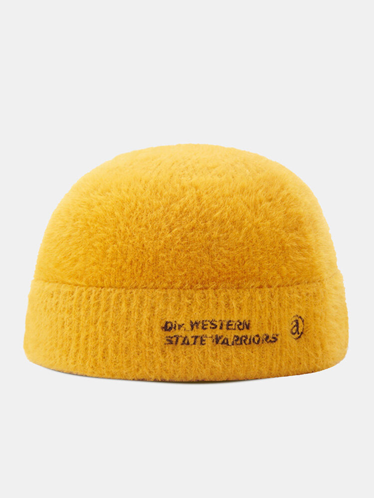 Unisex Knitted Solid Color Letter Pattern Embroidery Dome Fashion Warmth Brimless Beanie Landlord Cap Skull Cap