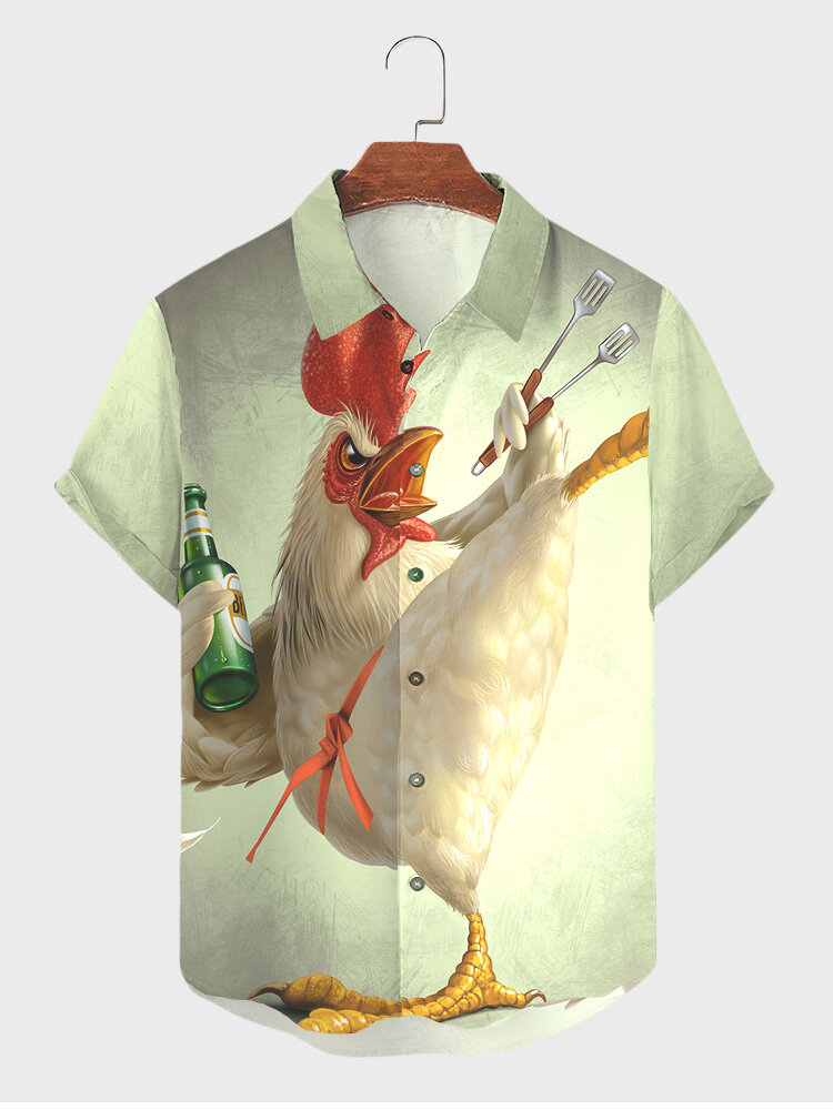 Camicie casual a maniche corte invernali da uomo con stampa di pollo a cartoni animati