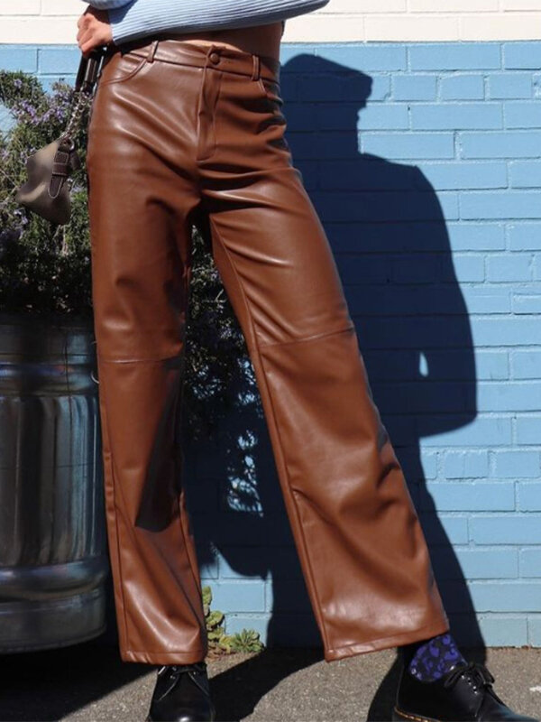 Men High Waist Leather Straight Leg Pants