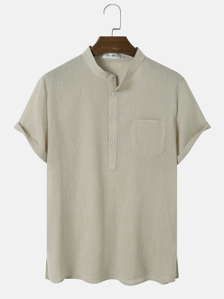 Mens Solid Color Side Split Cotton Linen Short Sleeve Henley Shirts