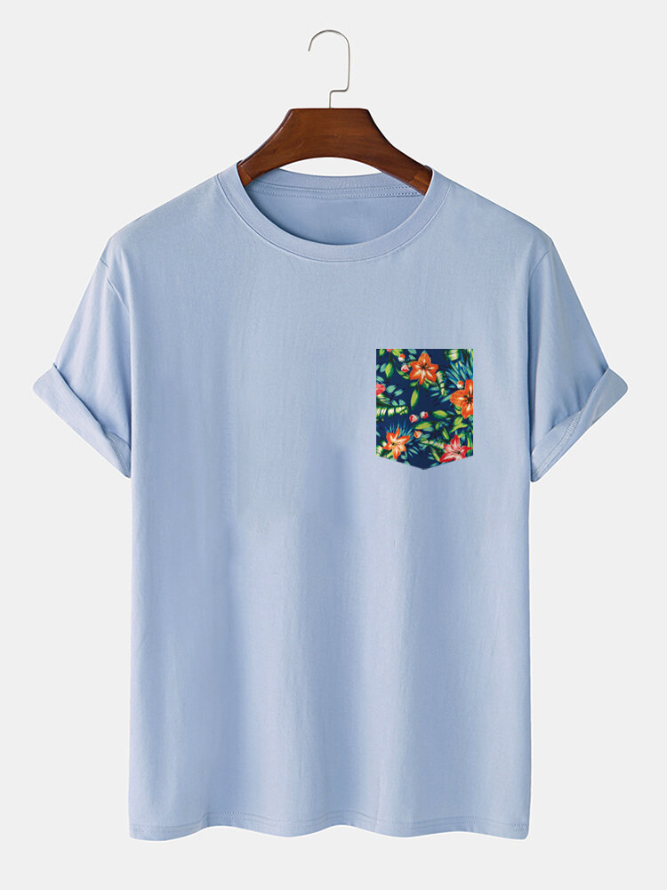 Mens Tropical Floral Print Crew Neck Cotton Short Sleeve T-Shirts
