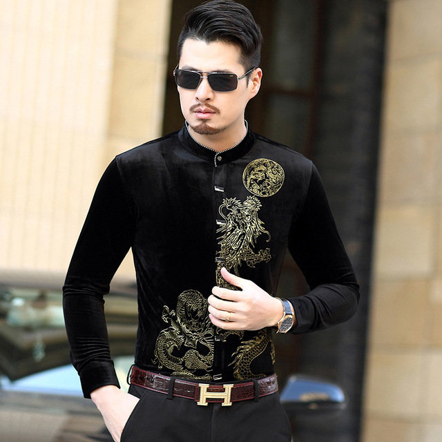 New Gold Velvet Long-sleeved Shirt Brand Large Size Men's Chinese Style Printing Casual Collar Shirt Men's Clothing