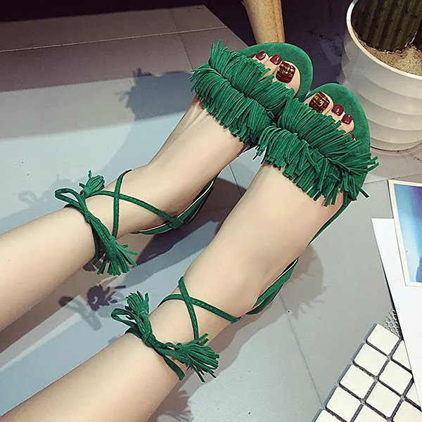 

Tassel Lace Up Strappy Peep Toe Roman Casual Flat Sandals, Red;green;black