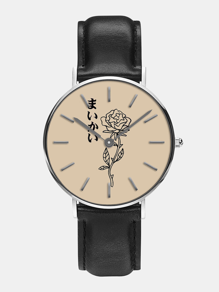 3 Colors Alloy PU Men Vintage Hollow Rose Japanese Print Dial Watch Decorated Pointer Quartz Watch
