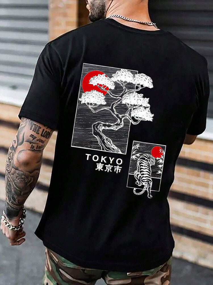 Camisetas de manga corta con estampado de paisaje animal japonés para hombre Cuello
