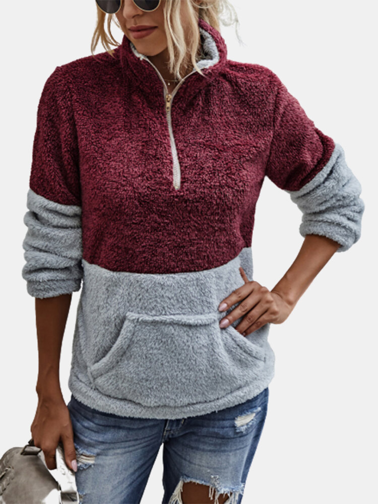 Patchwork Long Sleeve High Neck Zipper Fly Pocket Sweatshirt For Women