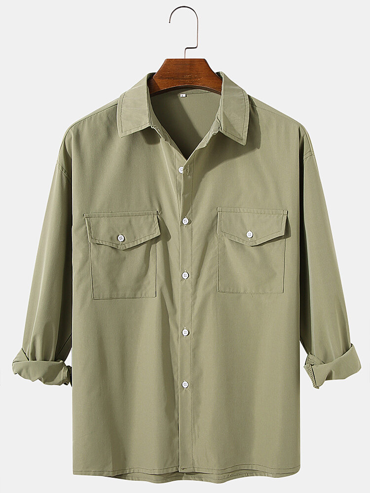 Mens Solid Color Cotton Casual Long Sleeve Shirts With Flap Pockets