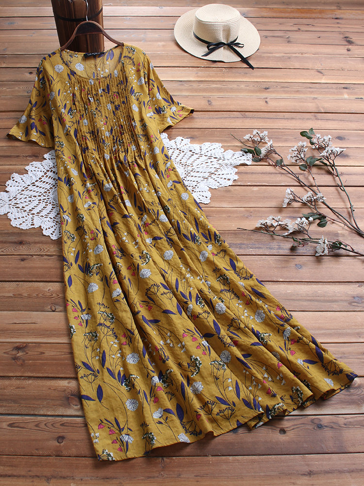 Pleated Leaves Floral Dress