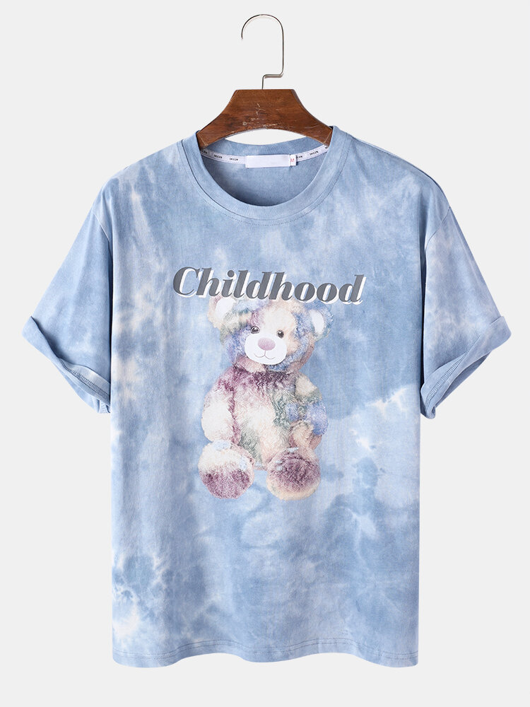 Mens Tie Dye Doll Bear Pattern Short Sleeve Preppy T-Shirt