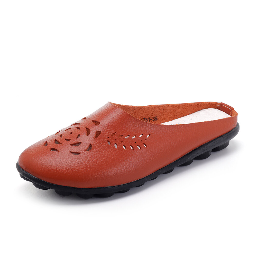 Hollow Backless Leather Comfortable Soft Flat Casual Shoes