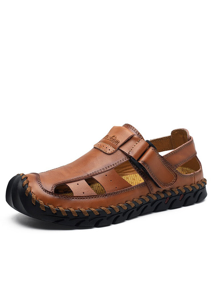 Men Hand Stitching Leather Non-slip Hook Loop Casual Outdoor Sandals