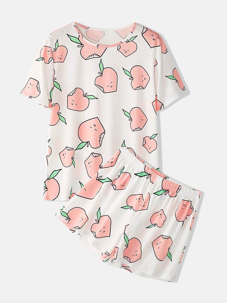

Women Peach Print Round Neck Short Sleeve Set Light Sleepwear, Pink