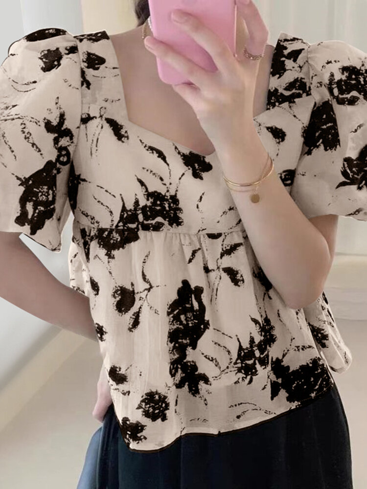 Women Ink Print Puff Sleeve Square Collar Blouse