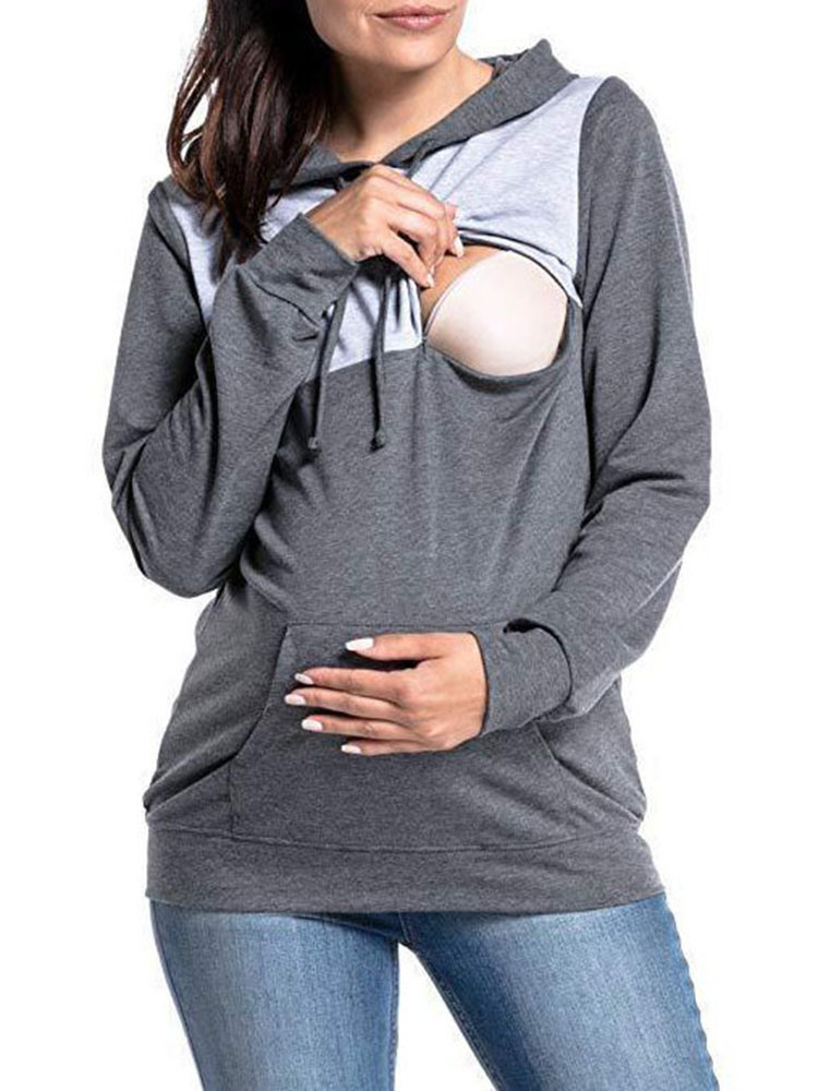Front Open Hooded Maternity Long Sleeve Nursing Tops
