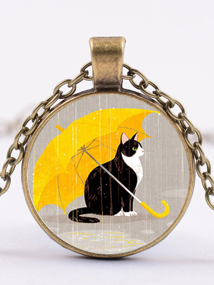 Collana da donna con stampa geometrica vintage in vetro, catena con clavicola a catena con gatto simpatico cartone animato