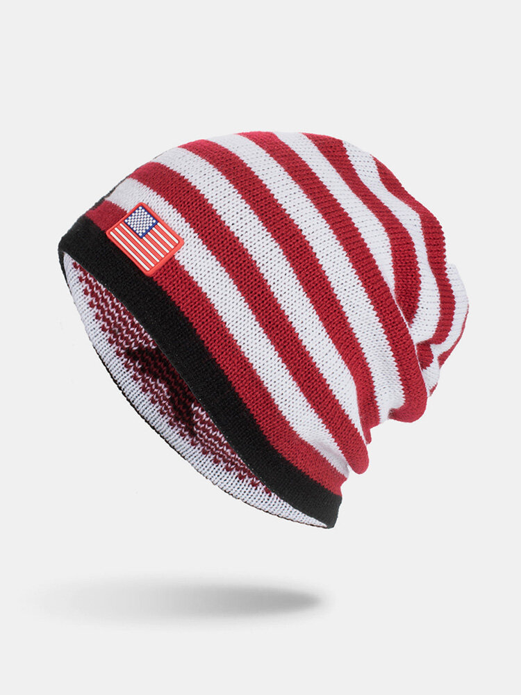 Men Wool Keep Warm America Flag Stripe Pattern Winter Outdoor Daily Woolen Beanie Knit Hat