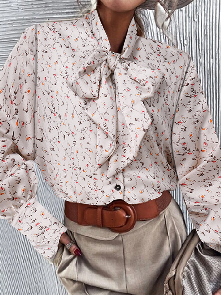 Floral Print Bowknot Collar Button Long Sleeve Women Blouse