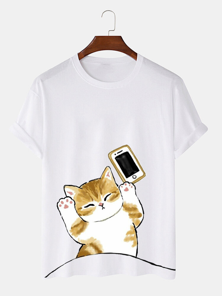 

Mens Cartoon Cat Print Crew Neck Casual Short Sleeve T-Shirts, White