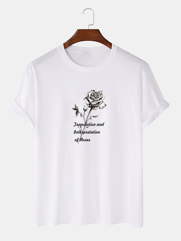 Mens 100% Cotton Rose & Slogant Print Crew Neck Short Sleeve T-Shirt