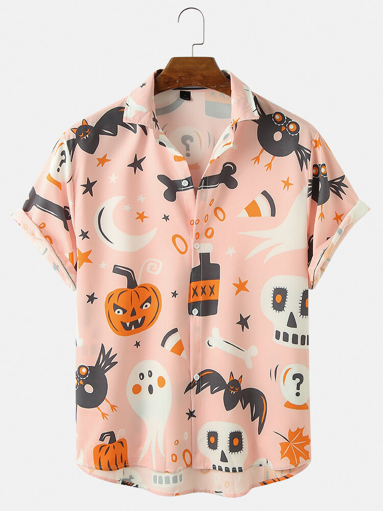 Mens Halloween Funny Skull Pumpkin Print Relaxed Fit Short Sleeve Shirts